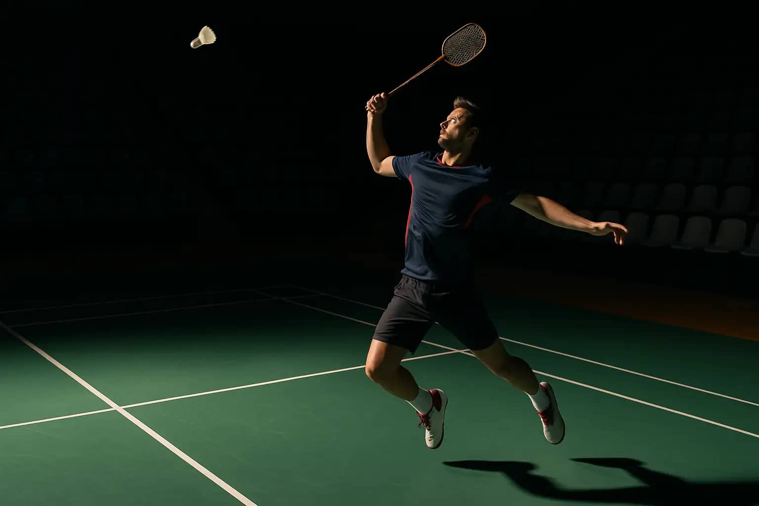 An Indian badminton player mid-smash on an indoor court under bright tournament lighting