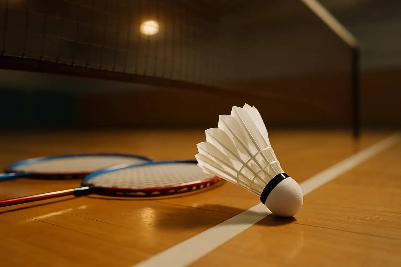 Badminton shuttlecock resting on a court near the net with rackets in the background