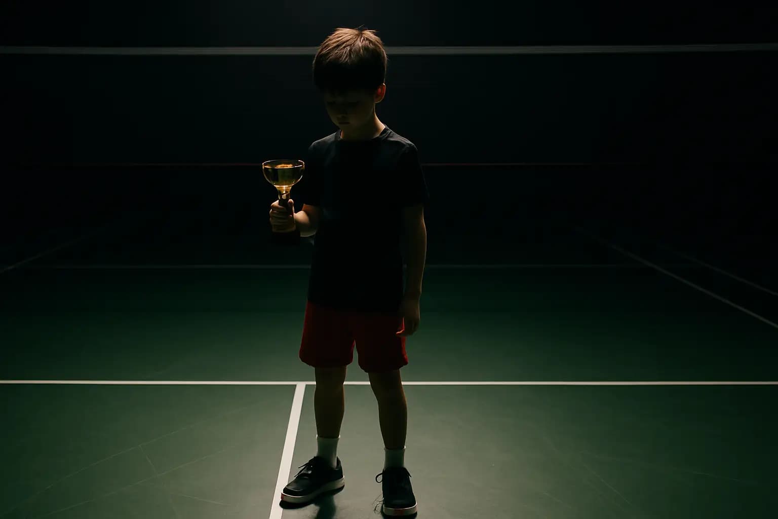 Young badminton player holding a trophy on an indoor court