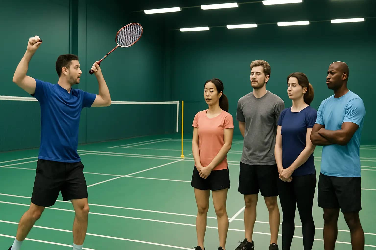 A badminton coach demonstrating a technique to a group of coaches on an indoor court