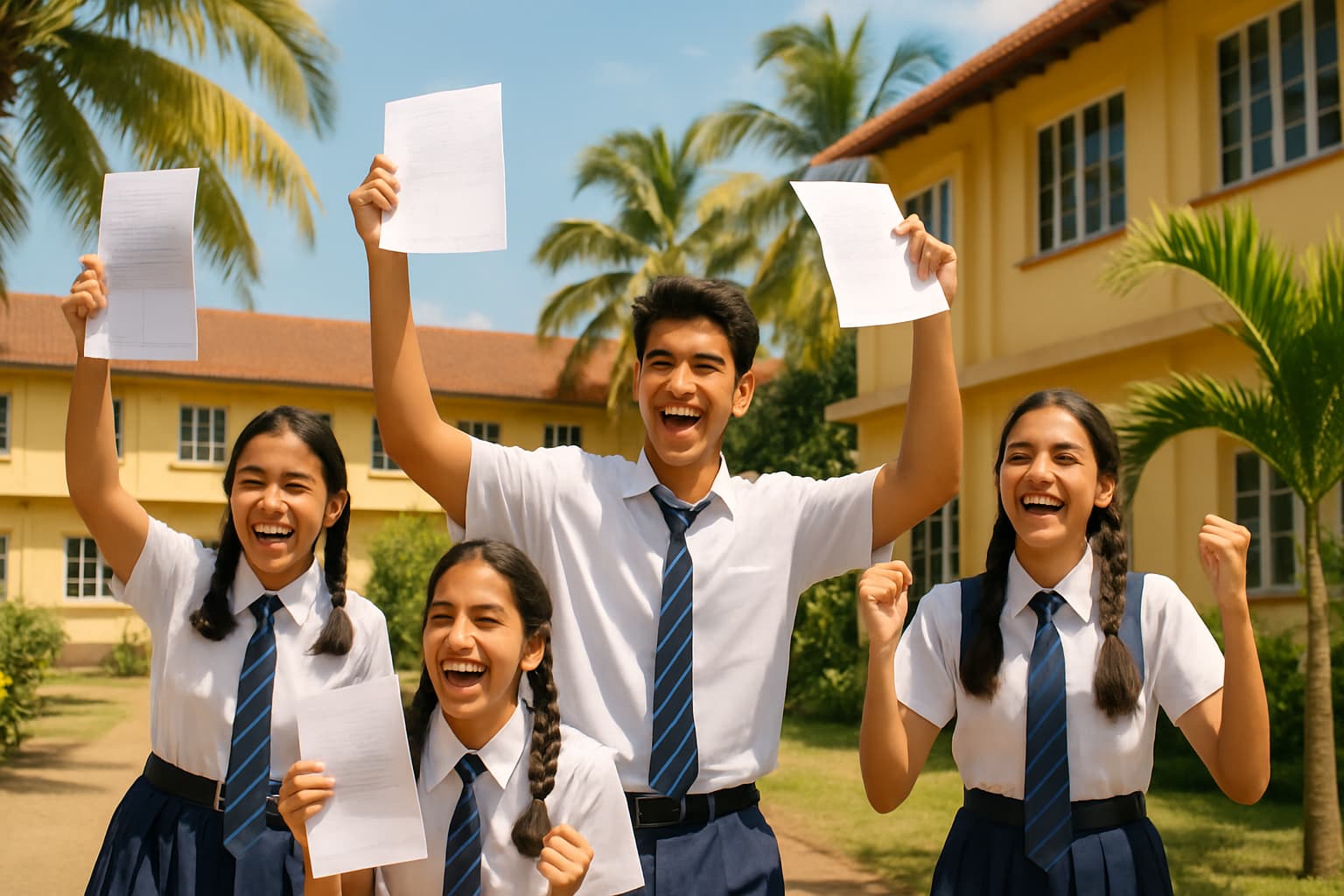 Students celebrating their STPM examination results outside a school in Malaysia