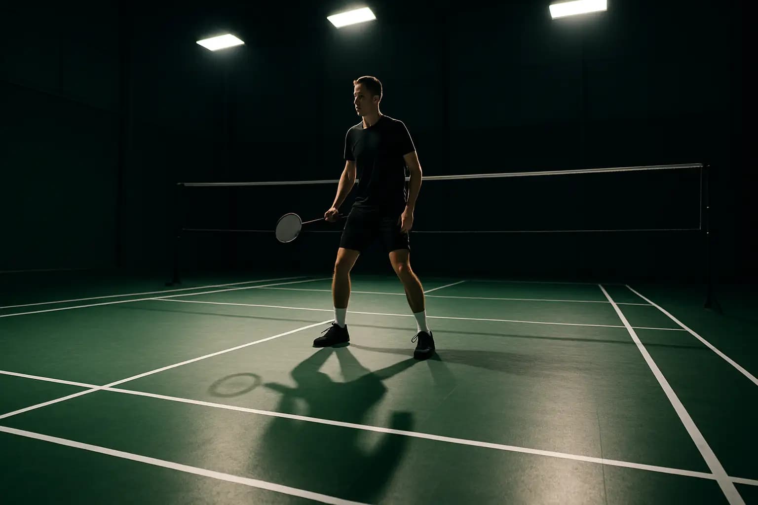 A badminton player preparing to serve on an indoor court with bright overhead lighting