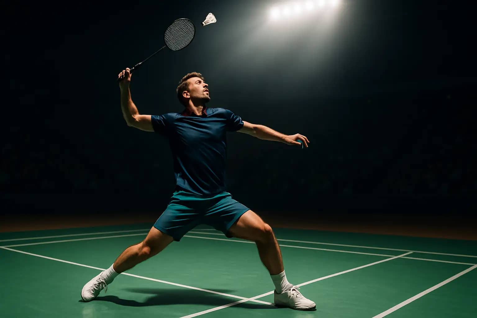 A badminton player mid-smash on a floodlit indoor court during a major tournament