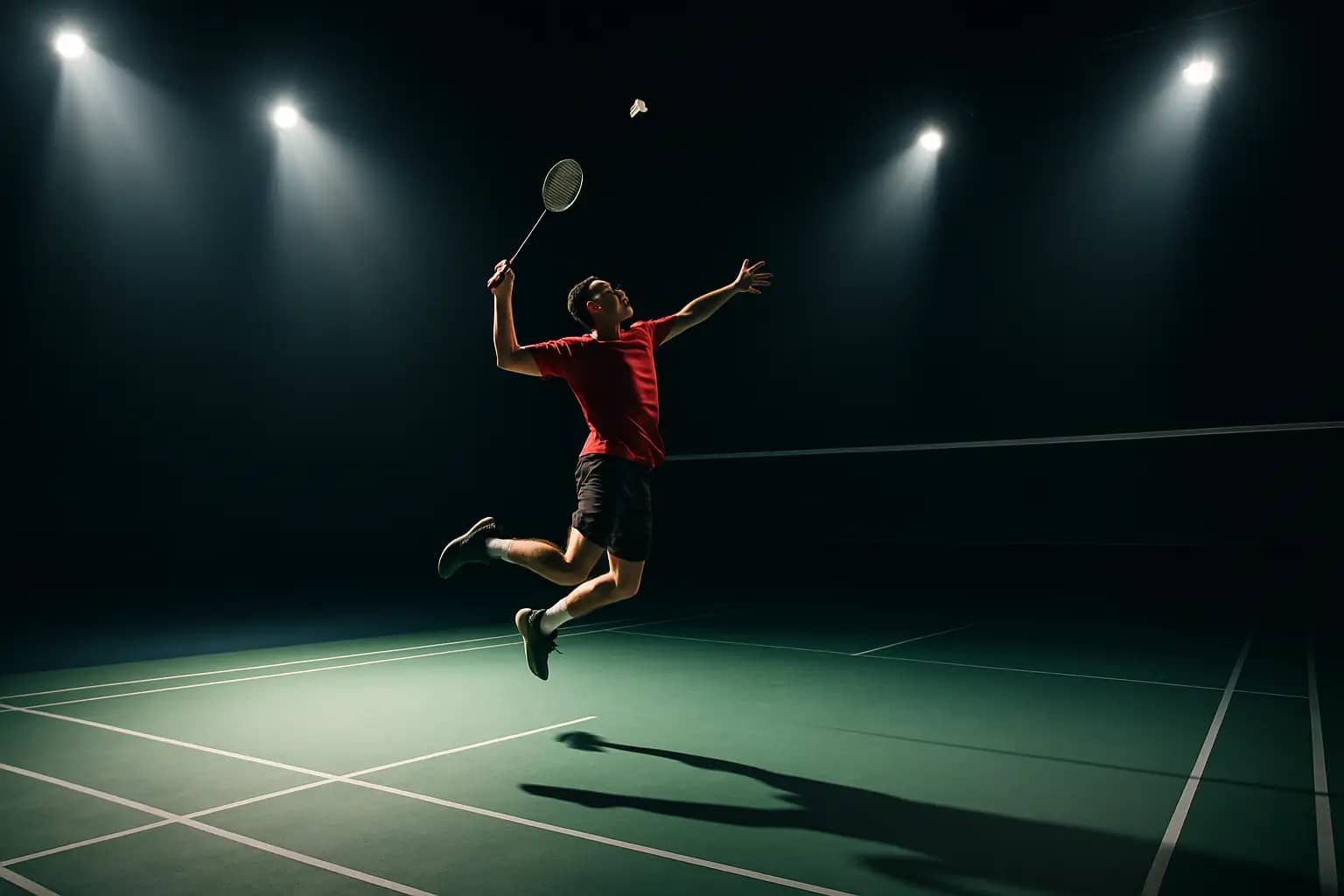 Badminton player mid-smash on an indoor court with bright arena lighting