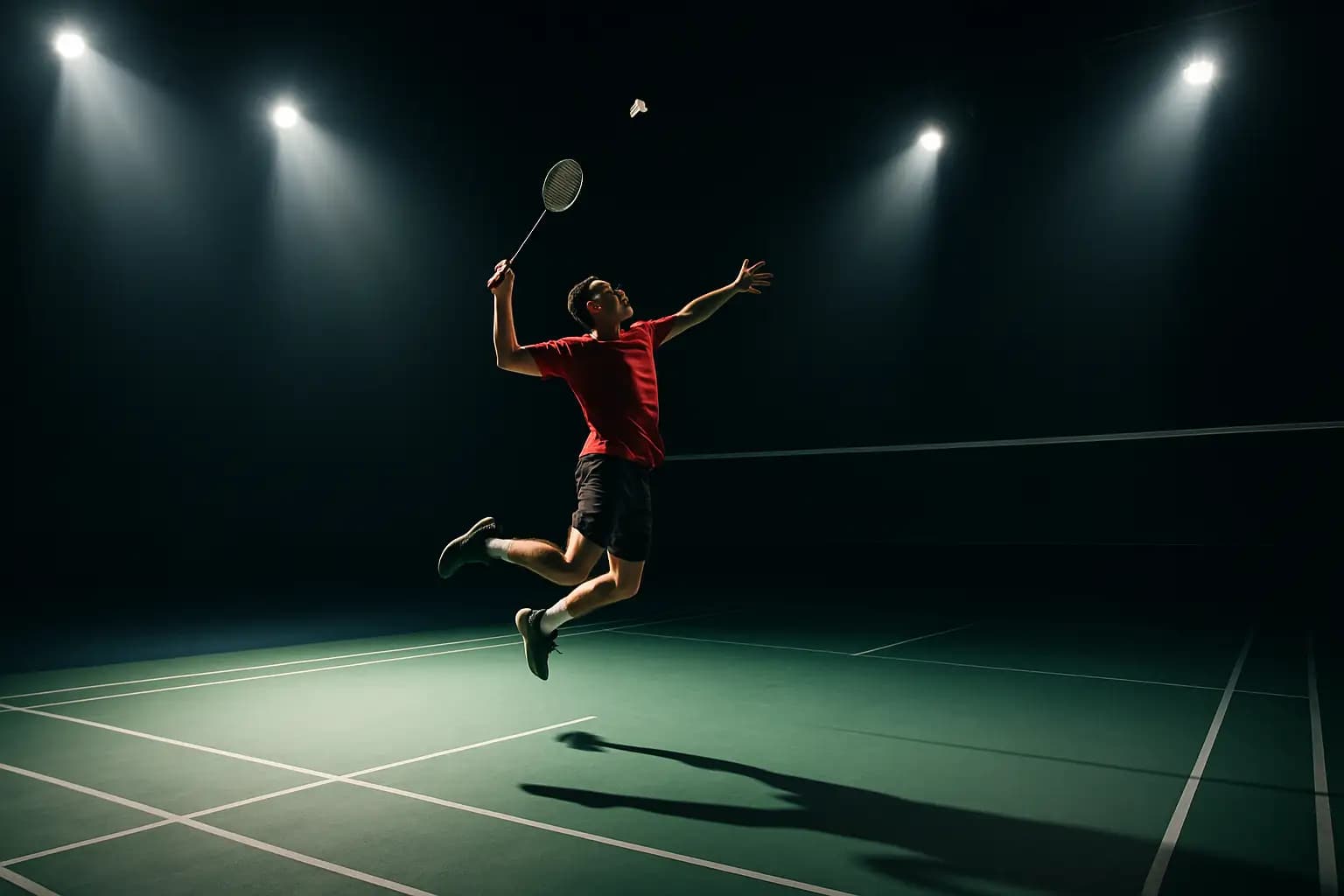 Badminton player mid-smash on an indoor court with bright arena lighting