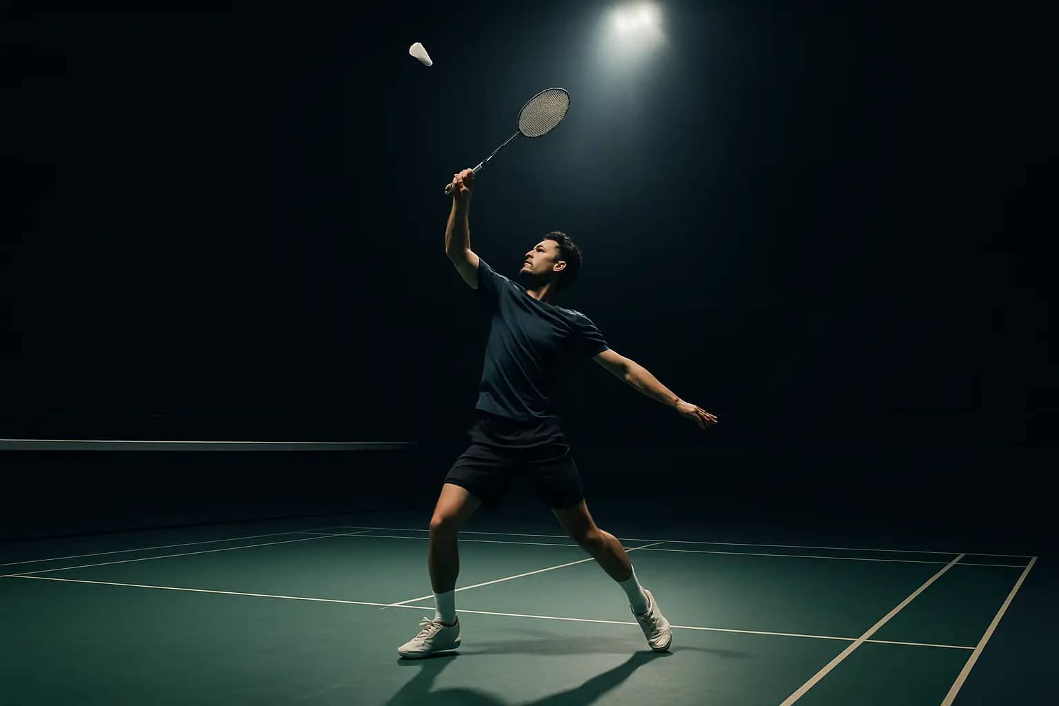A badminton player mid-smash on an indoor court with bright arena lighting
