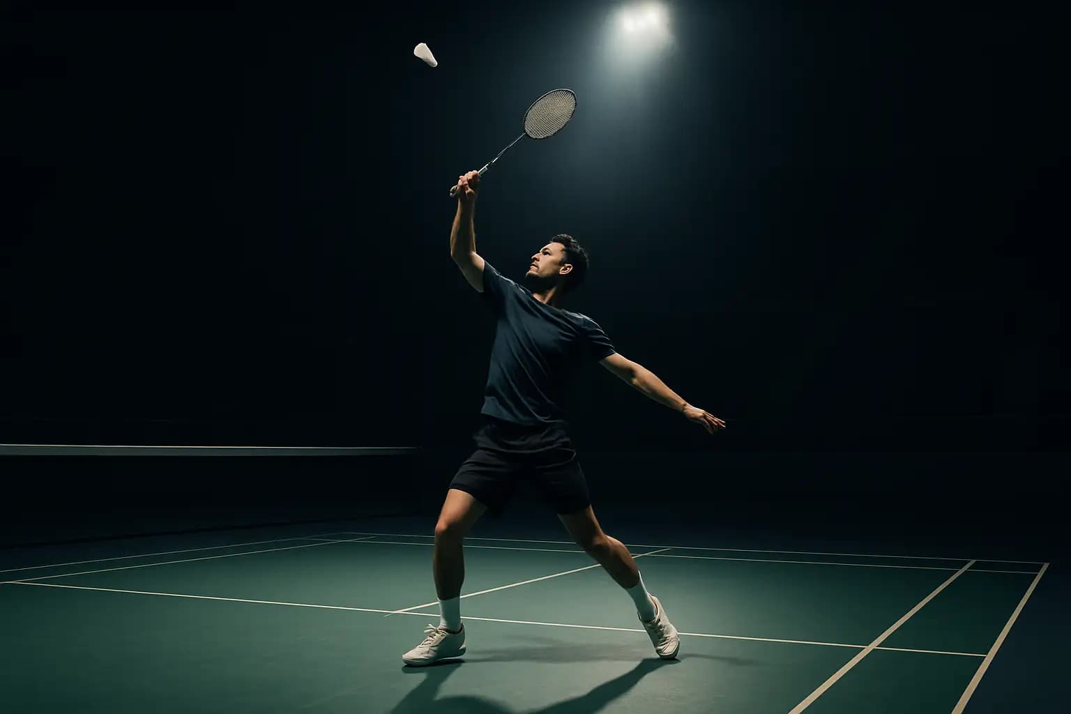 A badminton player mid-smash on an indoor court with bright arena lighting