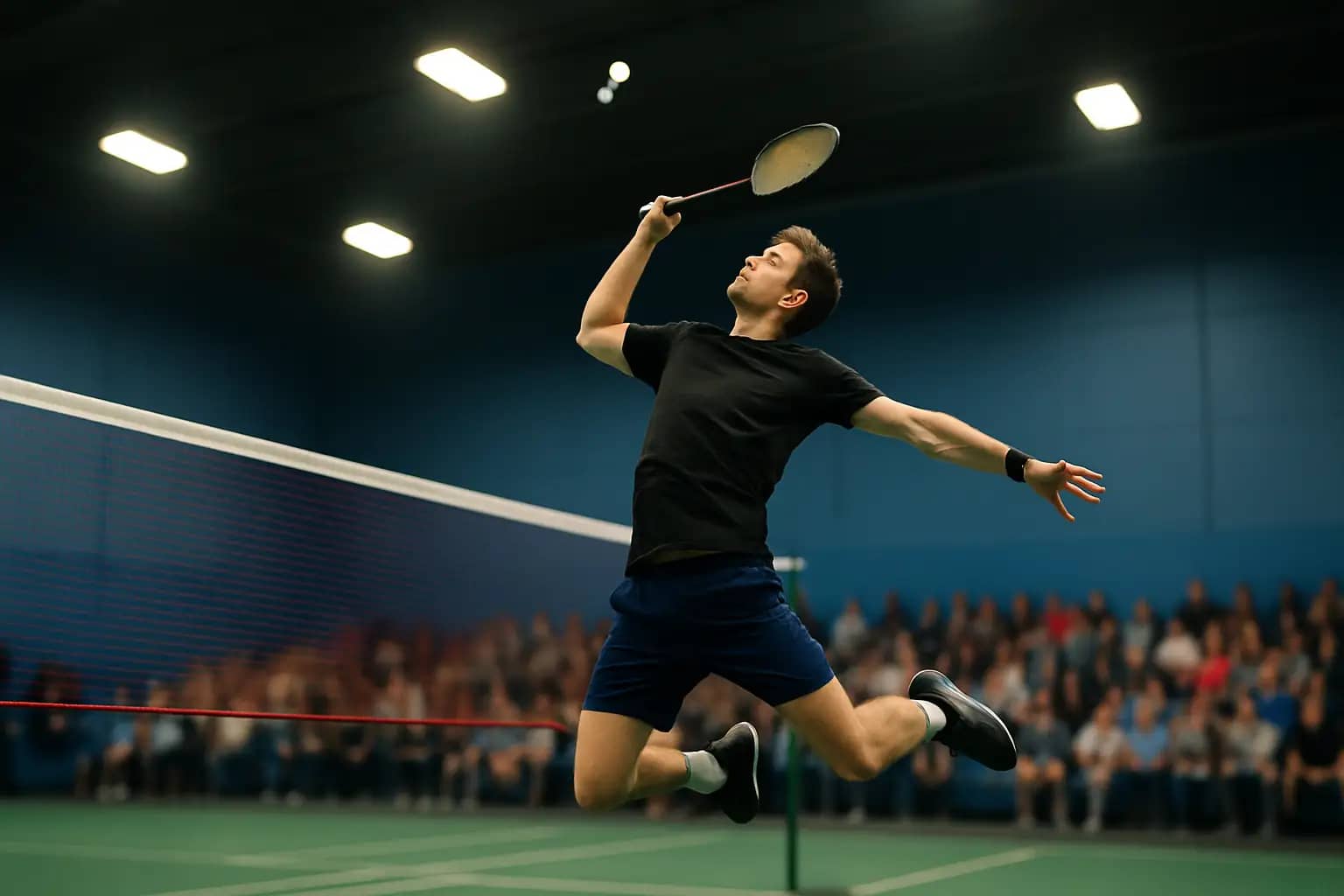 A badminton player mid-smash on an indoor court during a competitive match