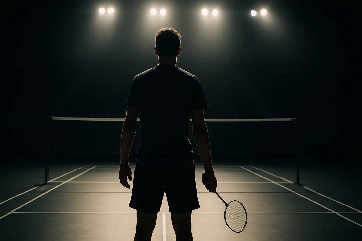 A badminton player standing alone on an empty court holding a racket, facing away toward the net