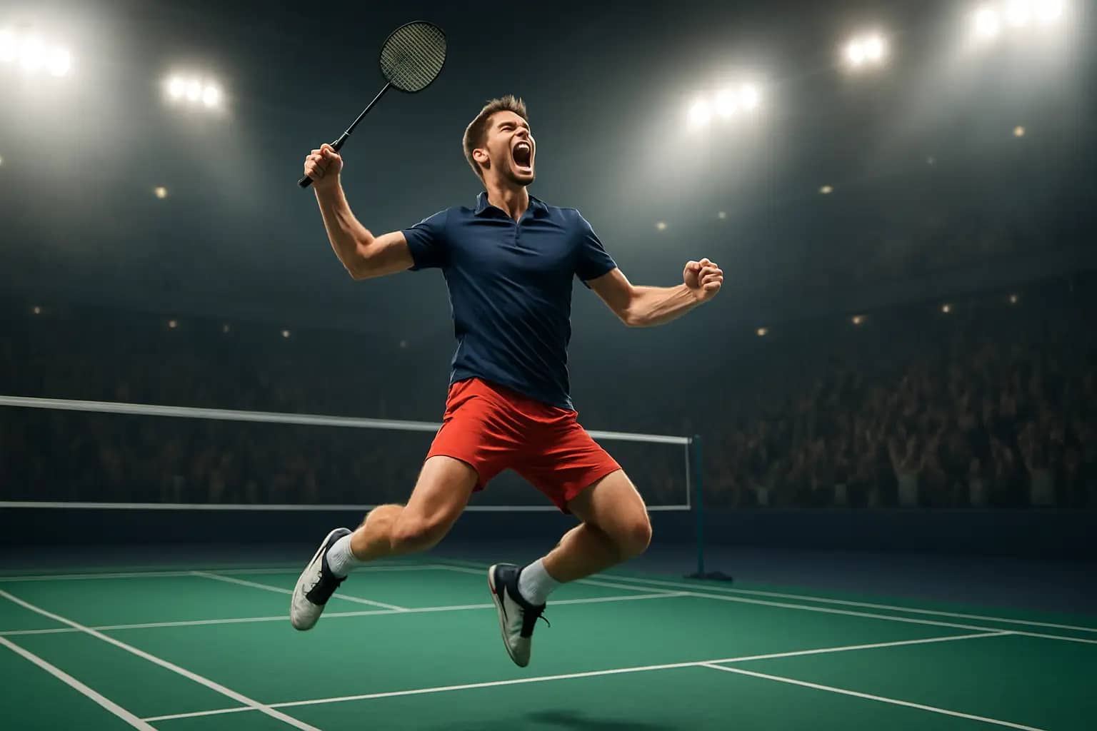 Badminton player celebrating a powerful winning shot on court as the crowd erupts in the background