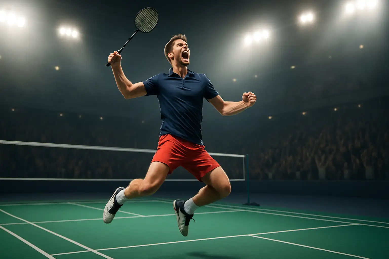 Badminton player celebrating a powerful winning shot on court as the crowd erupts in the background