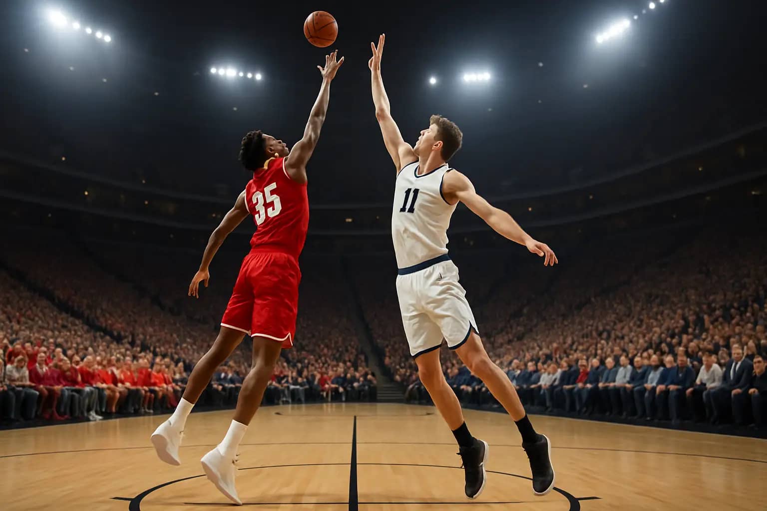 Two college basketball teams facing off at center court during tip-off in a packed arena