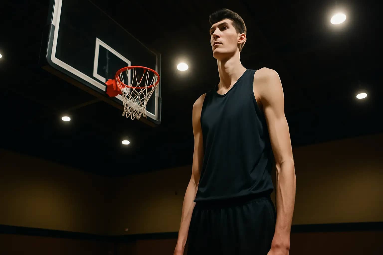 A towering basketball player standing near a college basketball hoop, dwarfing the rim
