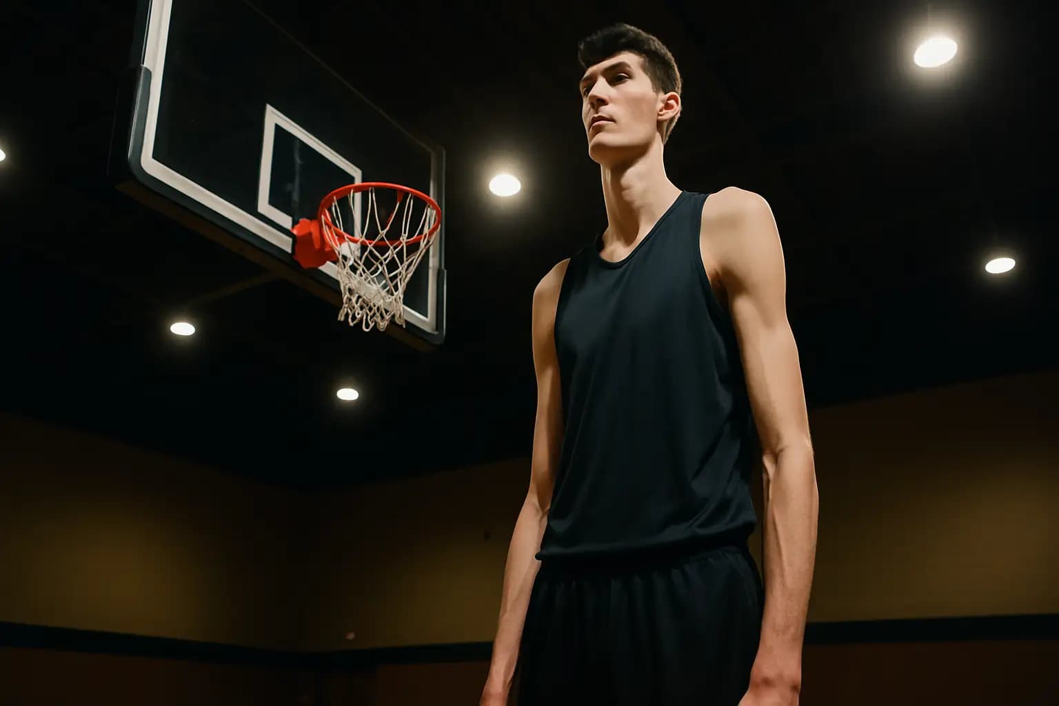 A towering basketball player standing near a college basketball hoop, dwarfing the rim