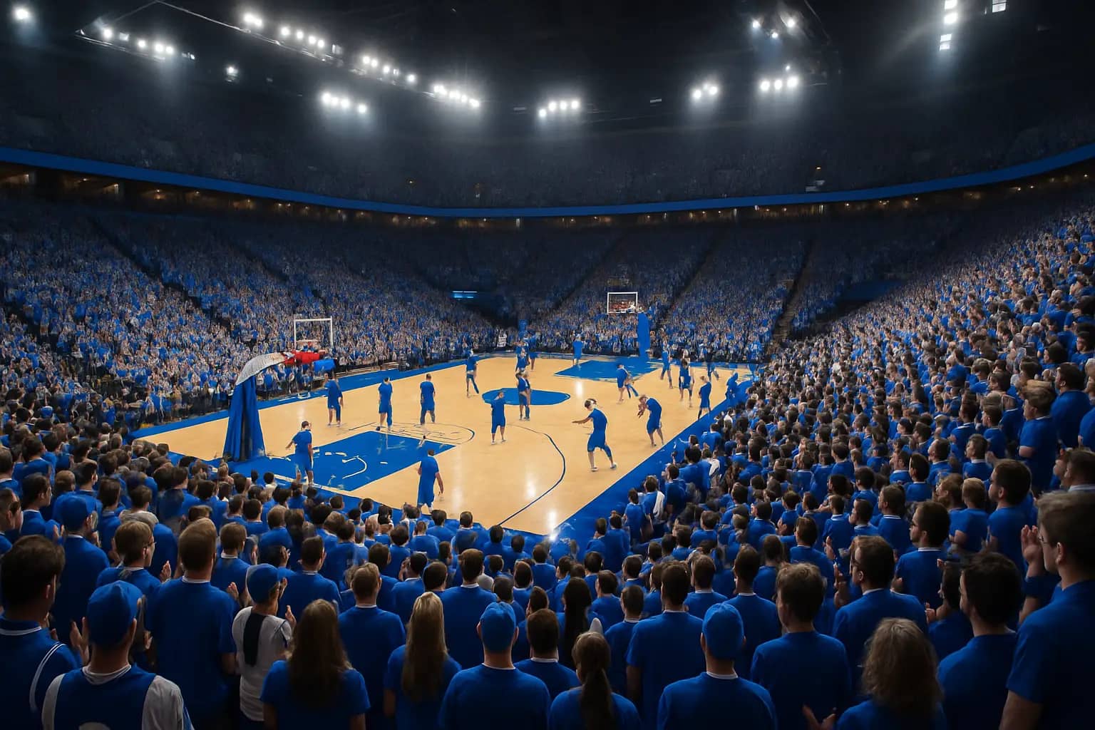 BYU basketball arena filled with fans during a college game under bright arena lights