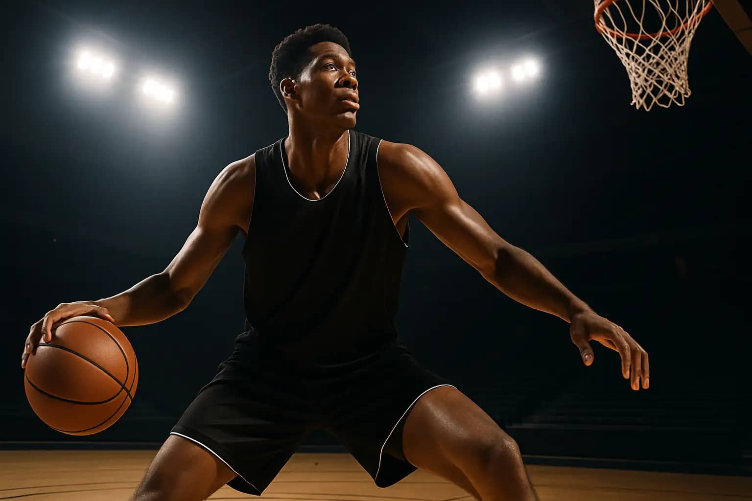 Clemson basketball player practicing on an indoor court under arena lights