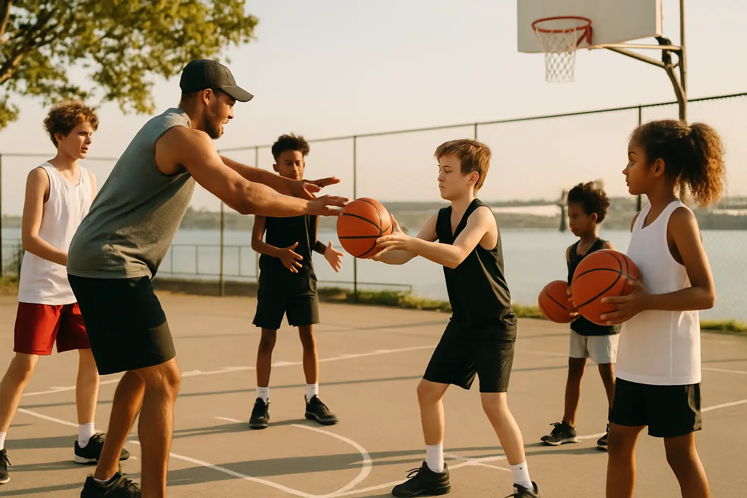 Young basketball players practicing drills on an outdoor court near a coastal setting
