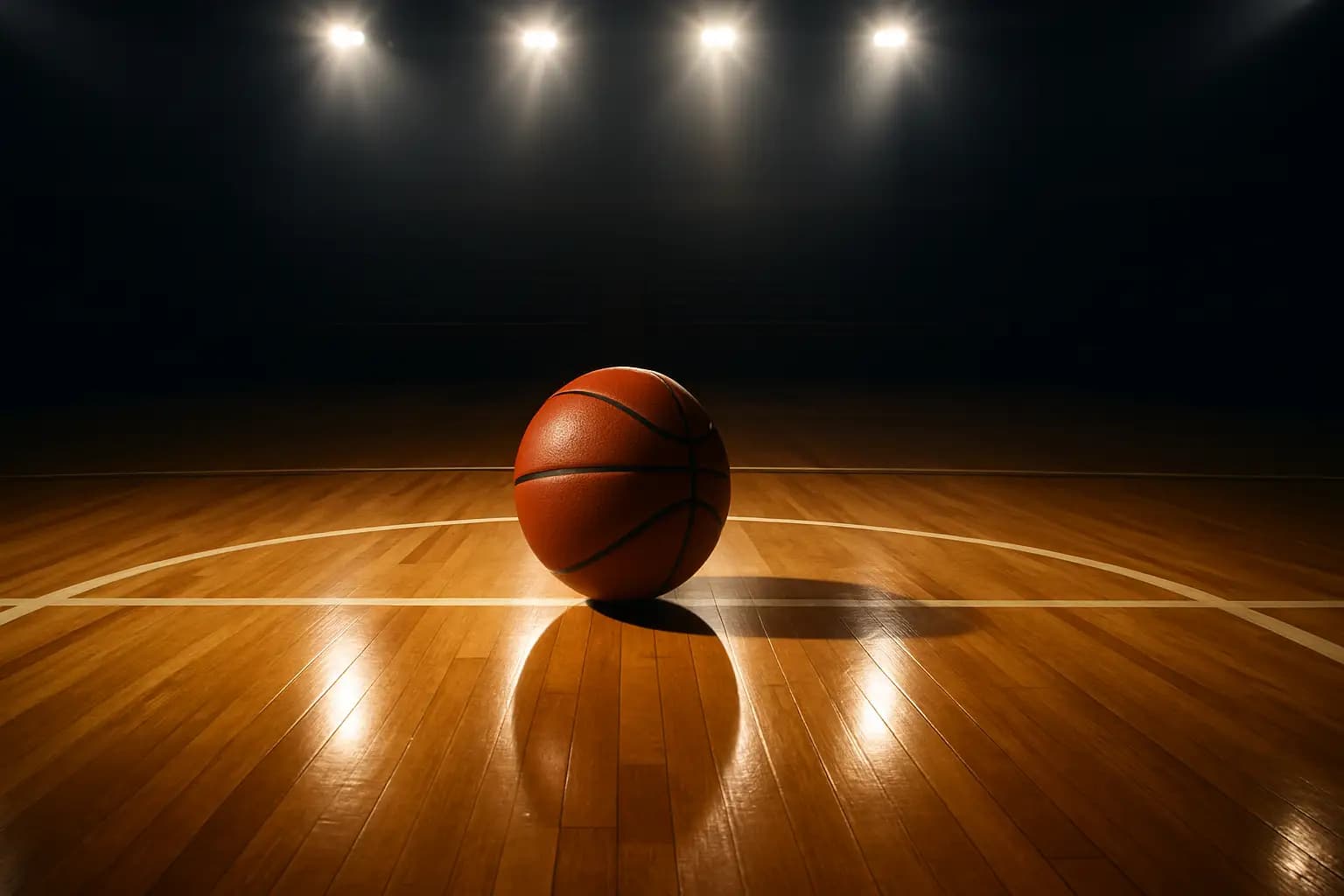 A basketball resting on a hardwood court inside a college arena with stadium lights above