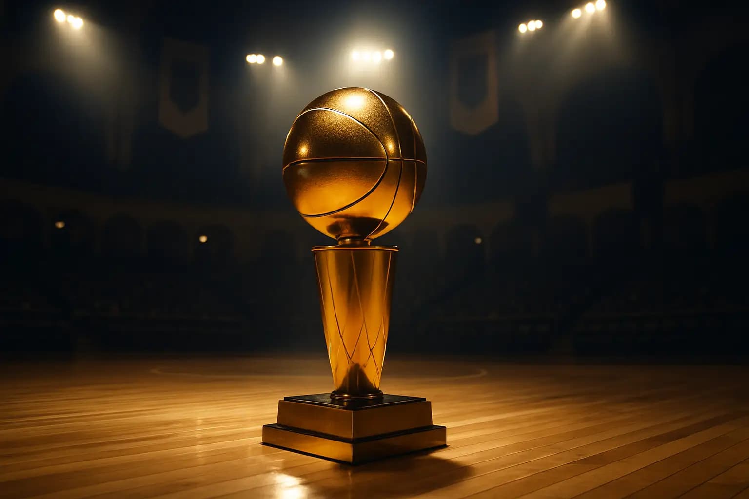 A basketball resting on a hardwood court near a trophy display in a hall of fame setting