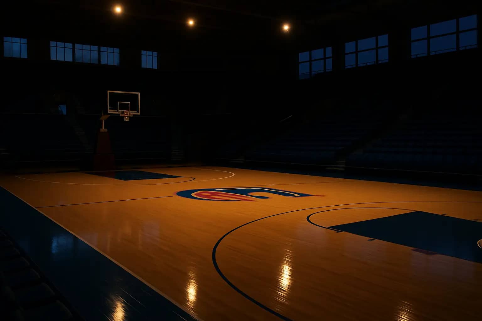 A basketball court inside a college arena with team gear and motivational signage visible