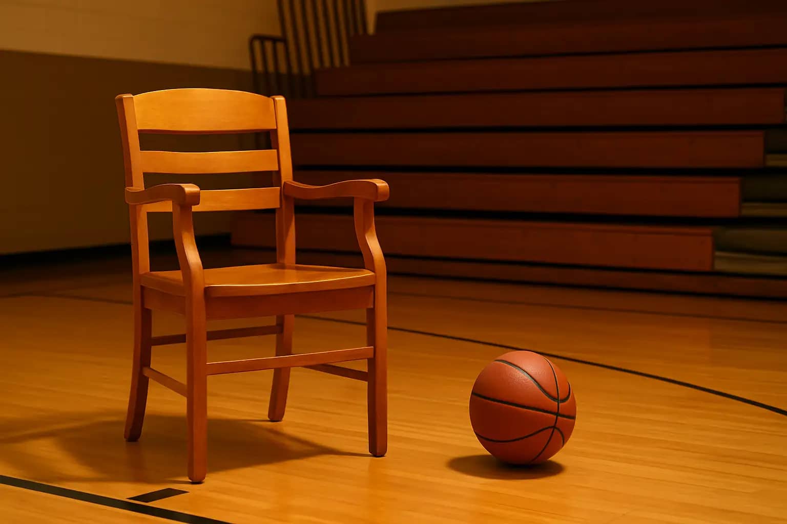 Basketball court inside a high school gymnasium with an empty coaching chair near the sideline