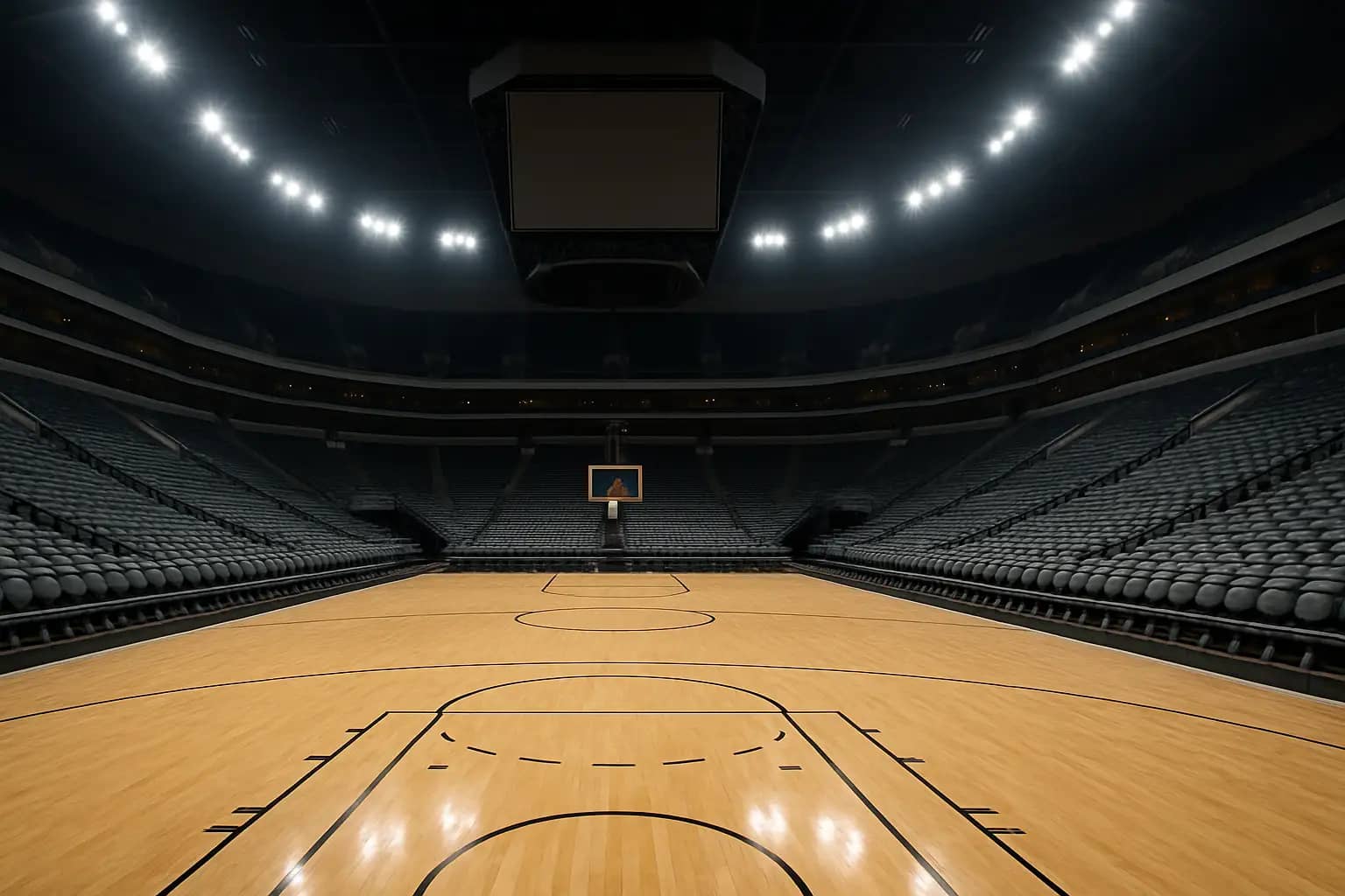 Basketball court inside a large indoor arena lit up for a college game