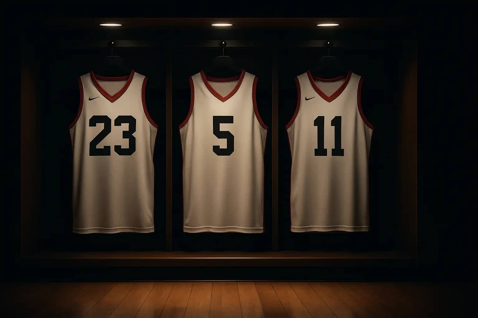 Three NBA rookie jerseys hanging in a locker room under stadium lights