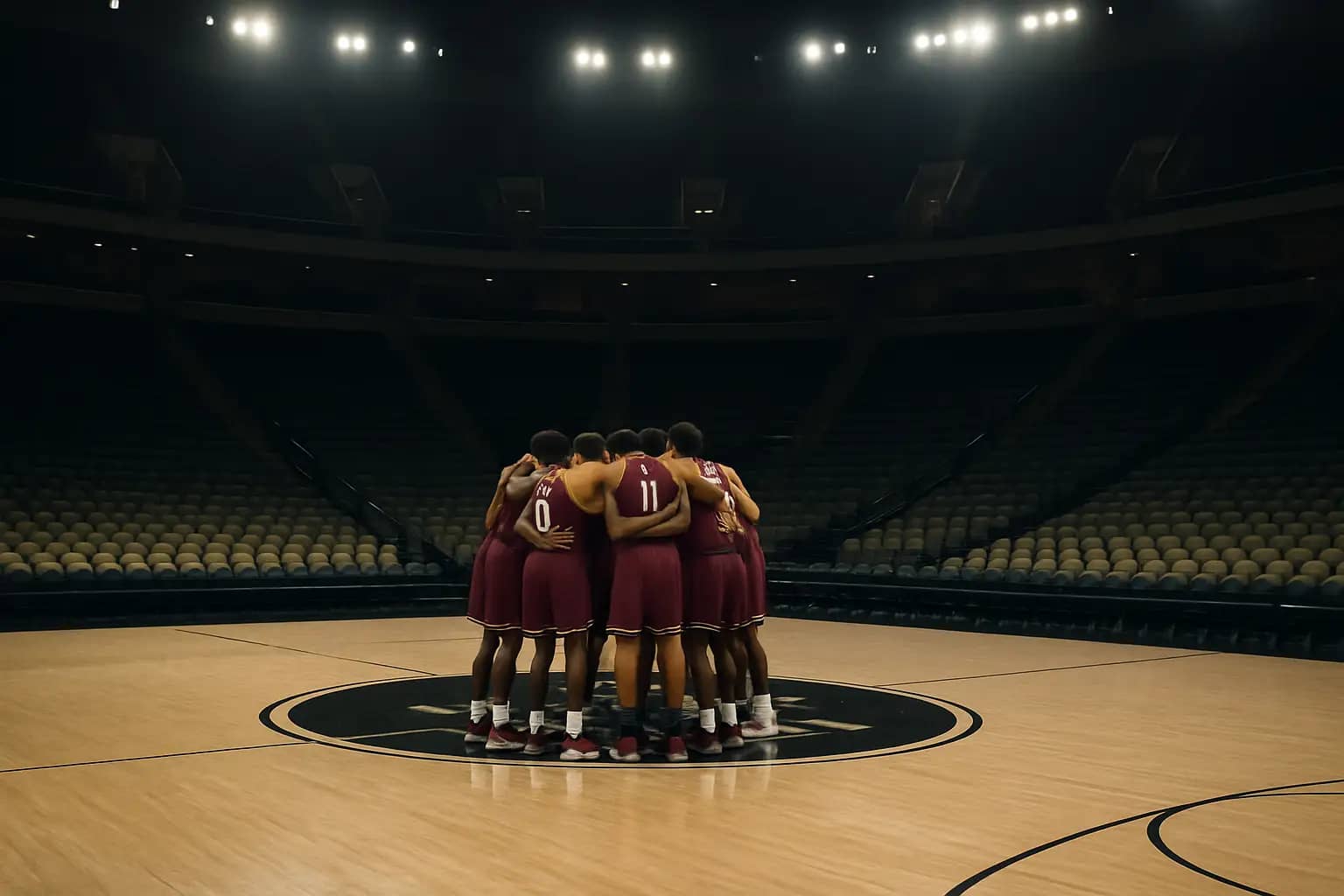 Texas A&M basketball players in a team huddle on a college arena court