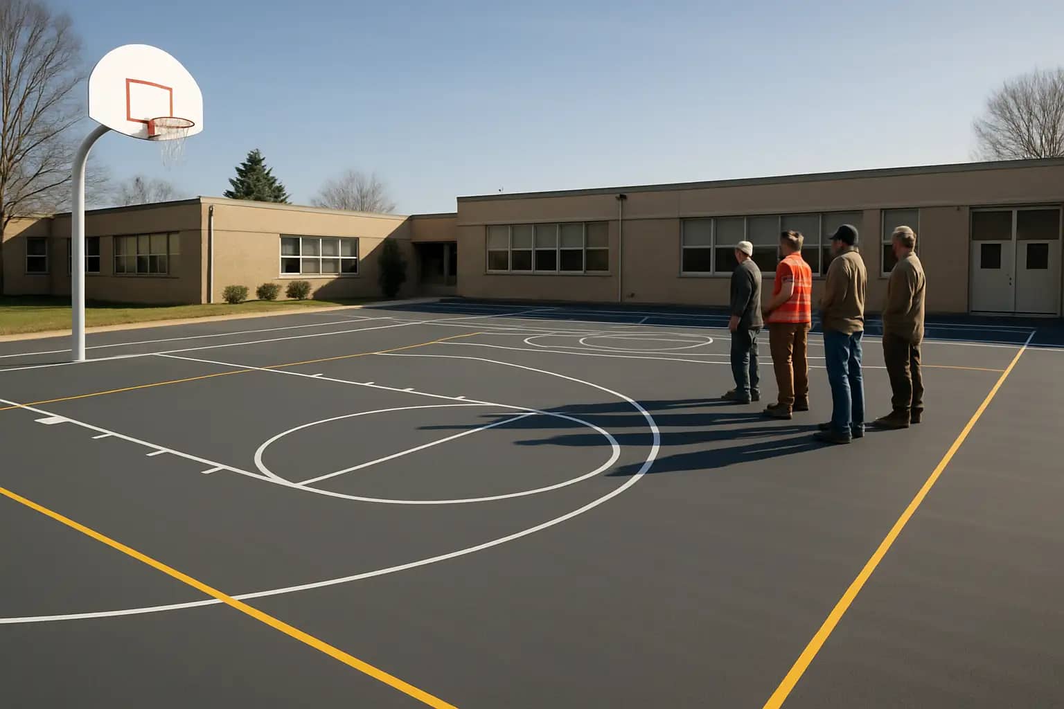 Freshly painted high school basketball court with new lines and updated hoops in a gym