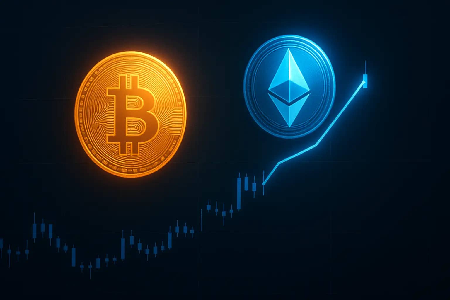 Bitcoin and Ethereum symbols rising on a digital chart with low trading activity indicators