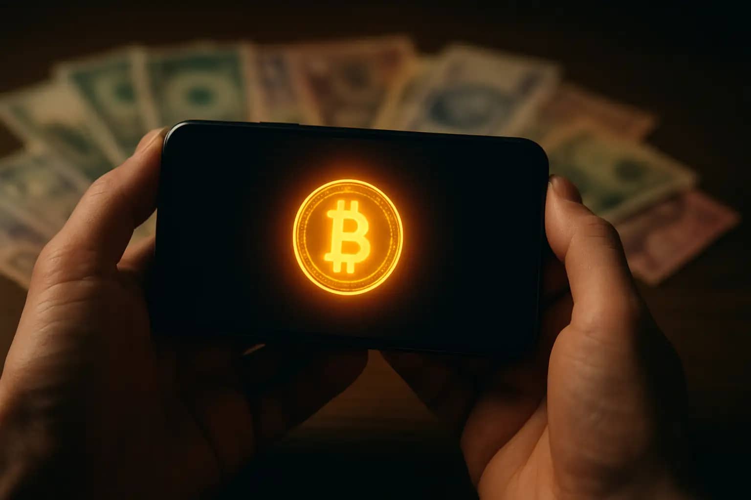 Person holding a smartphone displaying a Bitcoin symbol with currency notes in the background representing capital flight