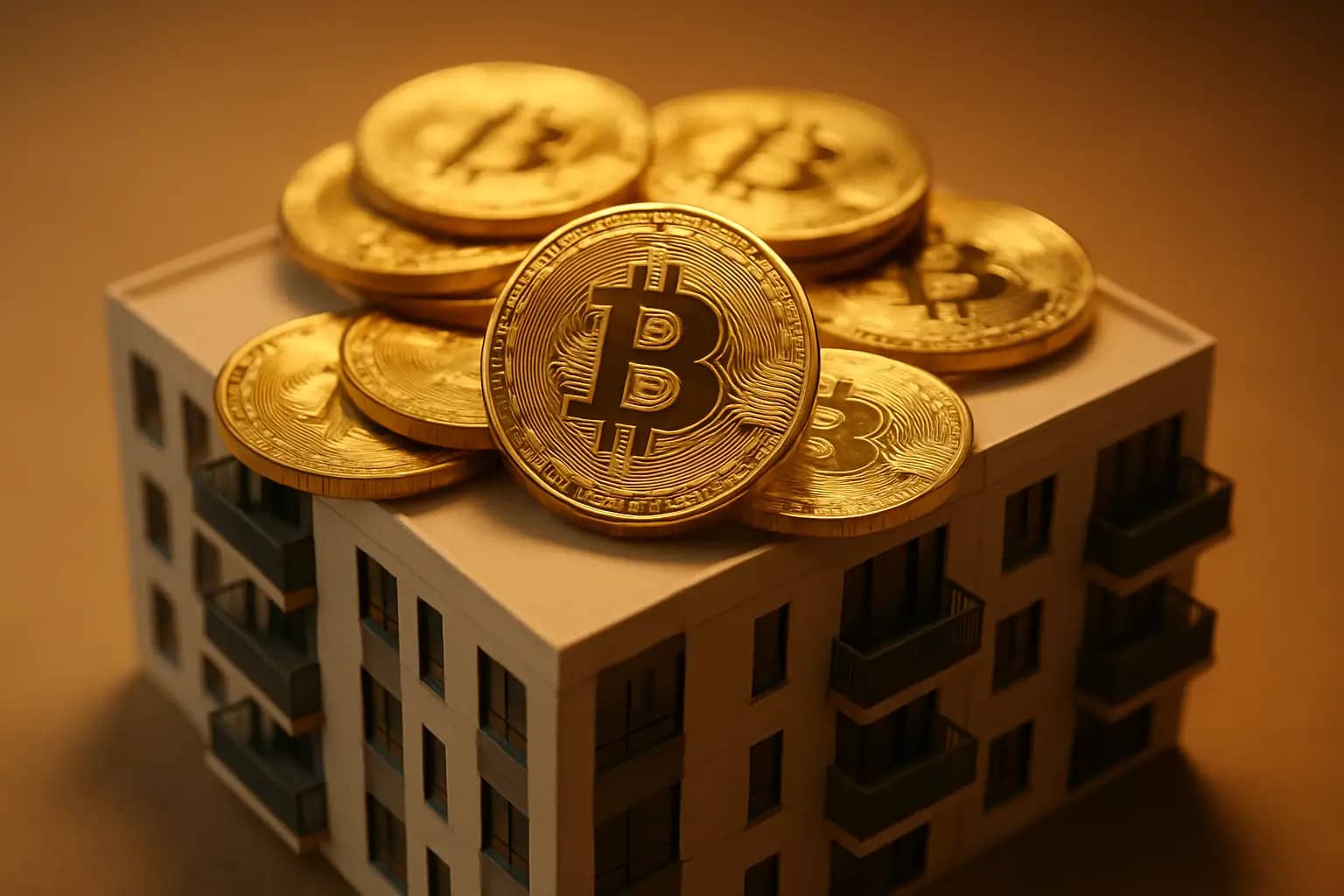 Bitcoin coins stacked on top of a model apartment building representing real estate and crypto investment