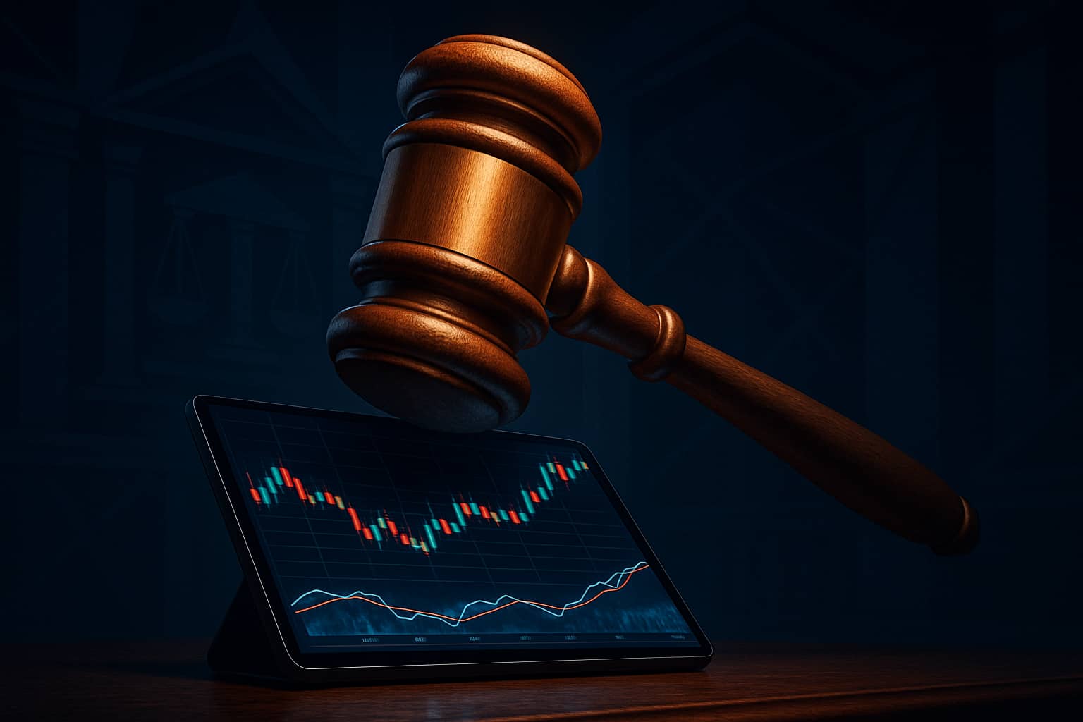 Abstract illustration of a legal gavel hovering over a digital trading chart with glowing crypto market data