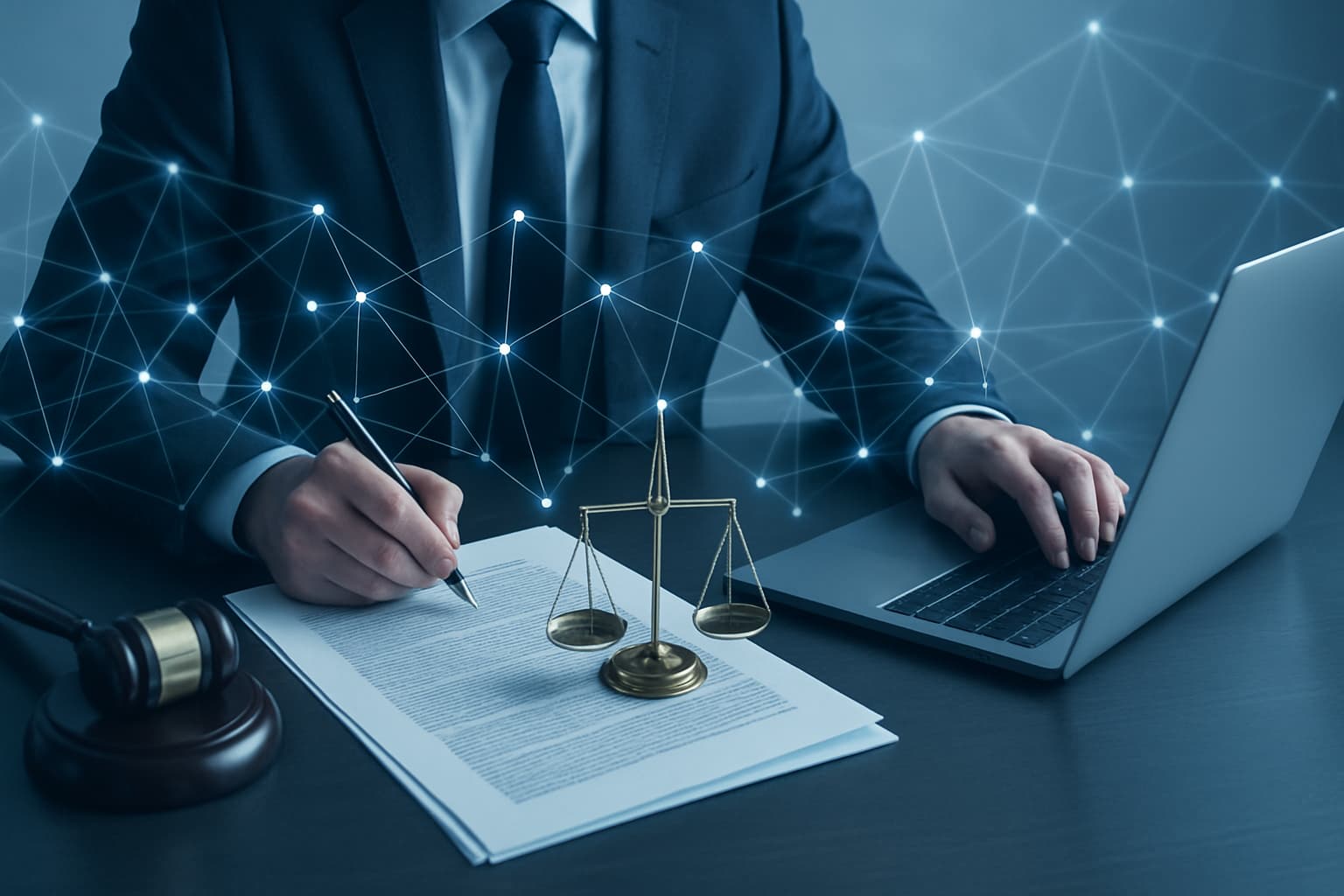 A legal professional reviewing blockchain code and regulatory documents at a modern desk