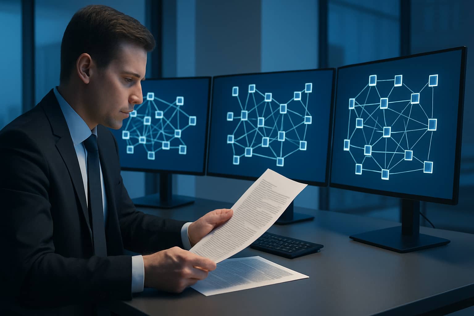 A legal professional reviewing blockchain code and crypto compliance documents at a modern desk