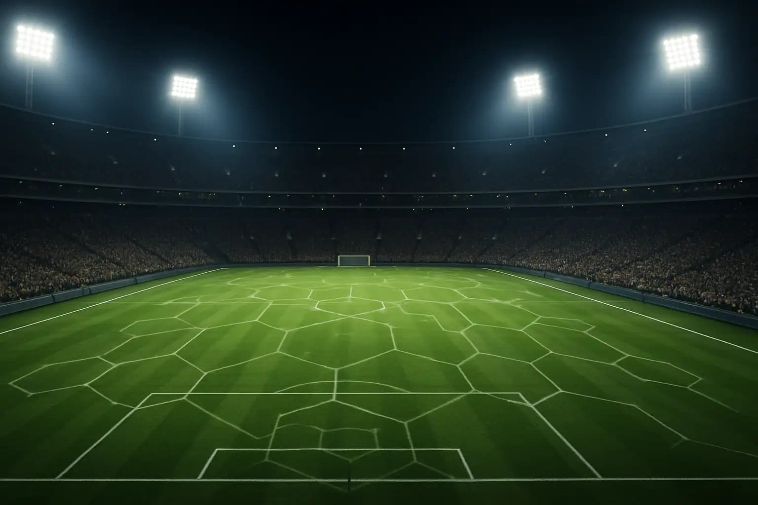 A football stadium at night with digital blockchain graphics overlaid on the pitch