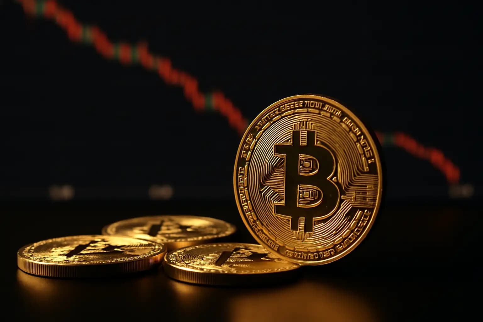 A stack of gold Bitcoin coins on a dark surface with a downward price chart in the background