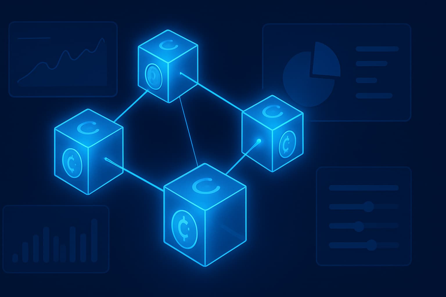 Digital illustration of the Kava blockchain network with coins and DeFi interface elements