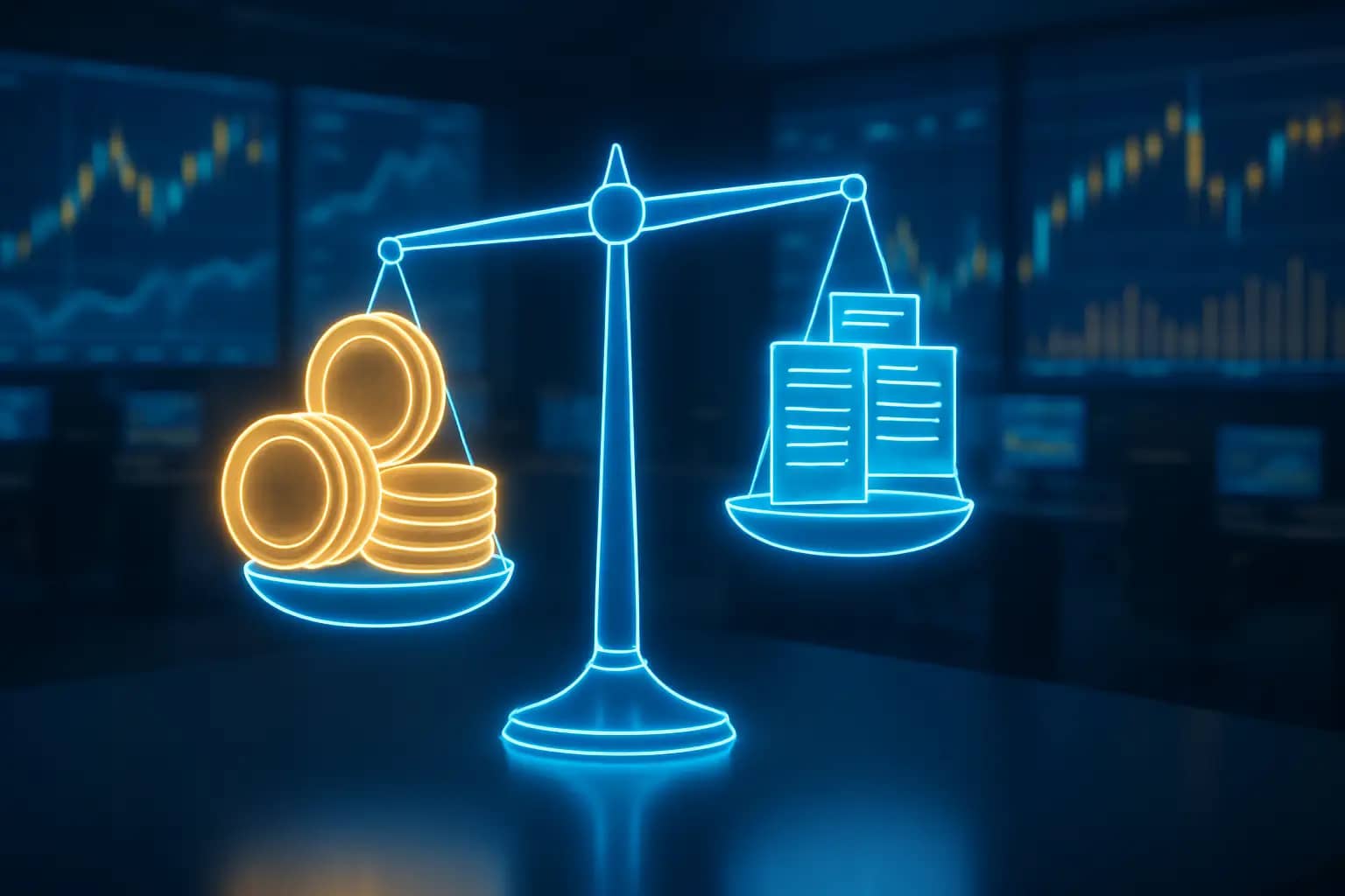 Digital balance scale weighing crypto tokens against ETF documents in a modern financial setting