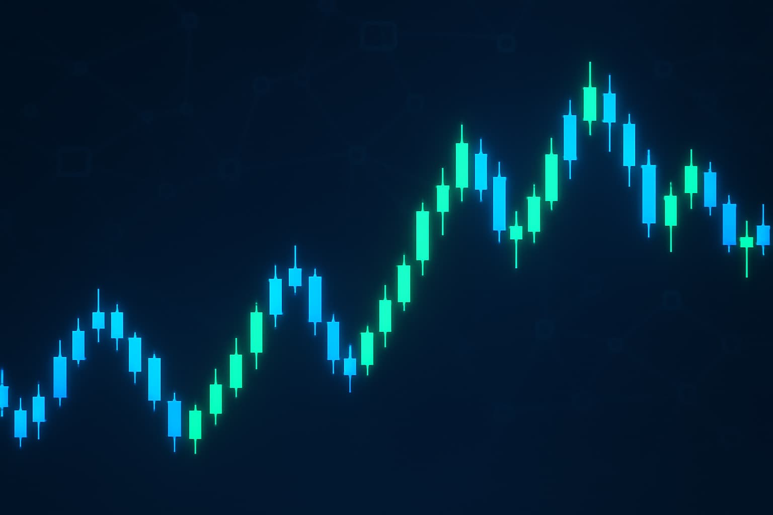 Abstract digital chart showing cryptocurrency price trend lines in blue and green on a dark background