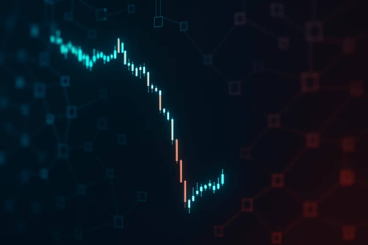 Abstract visualization of a crypto token price chart showing a sharp drop followed by a small recovery