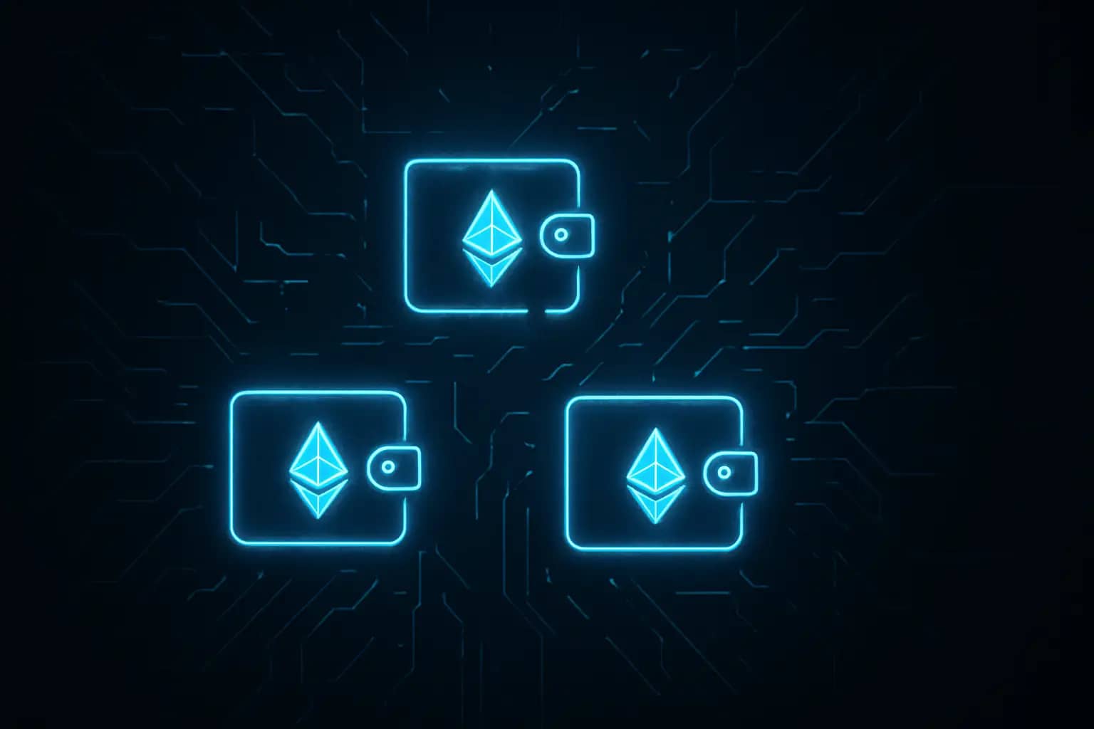 Three glowing Ethereum wallet icons on a dark digital background with security breach imagery