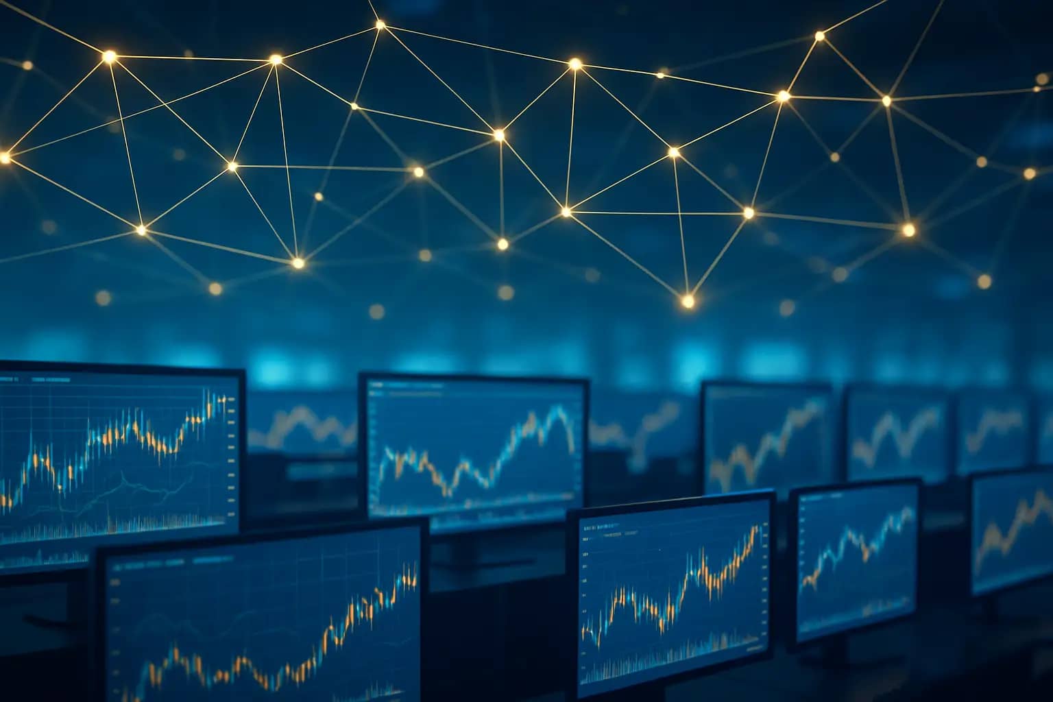 Abstract digital securities trading floor with blockchain network nodes overlaid on a stock exchange screen