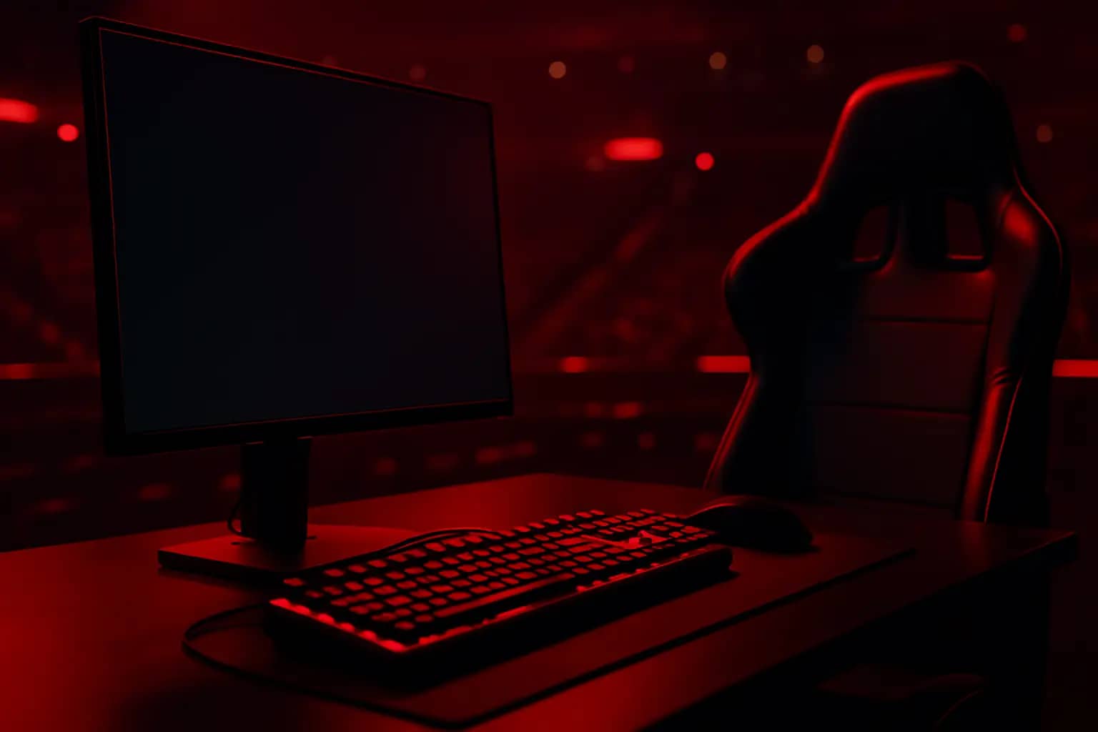 A competitive gaming setup with a keyboard and monitor glowing in a dark arena environment