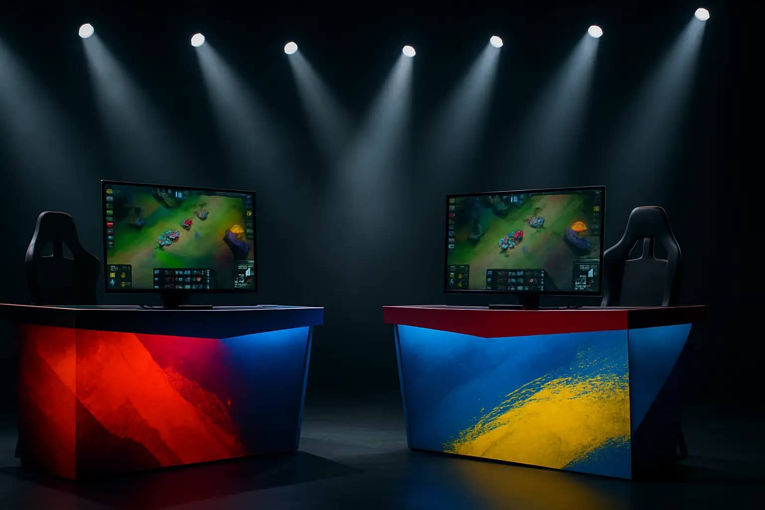 Two esports players in national jerseys competing on stage at an international tournament