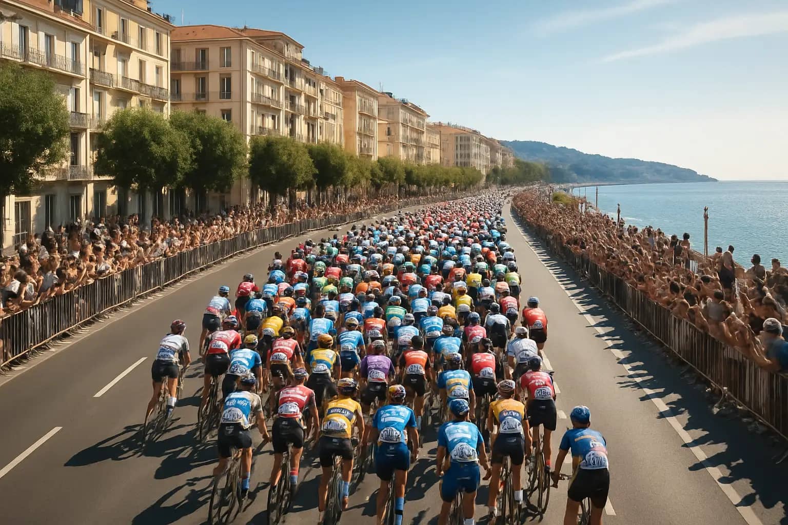 Aerial view of a cycling peloton passing through a vibrant European city with crowds lining the streets