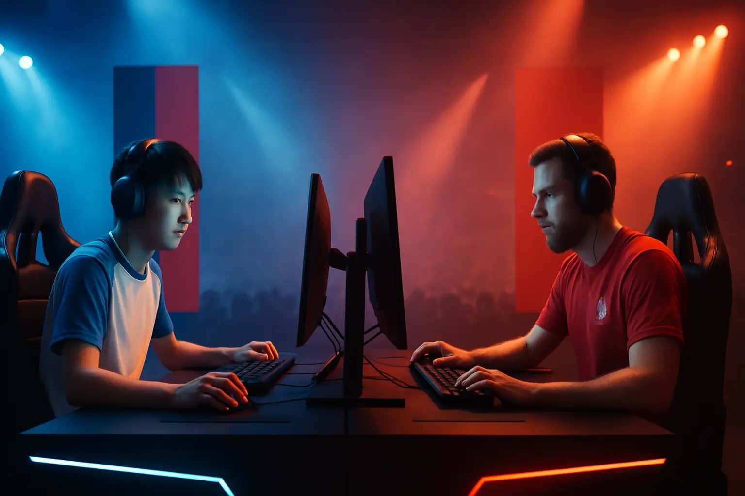 Two esports players representing national teams competing on stage under arena lighting