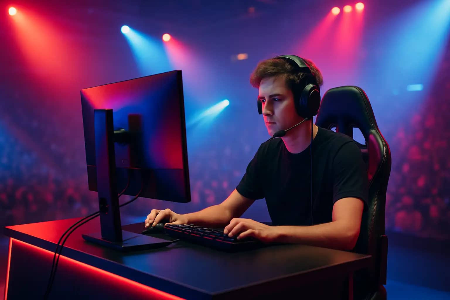 A professional esports player competing at a large arena tournament under bright stage lighting