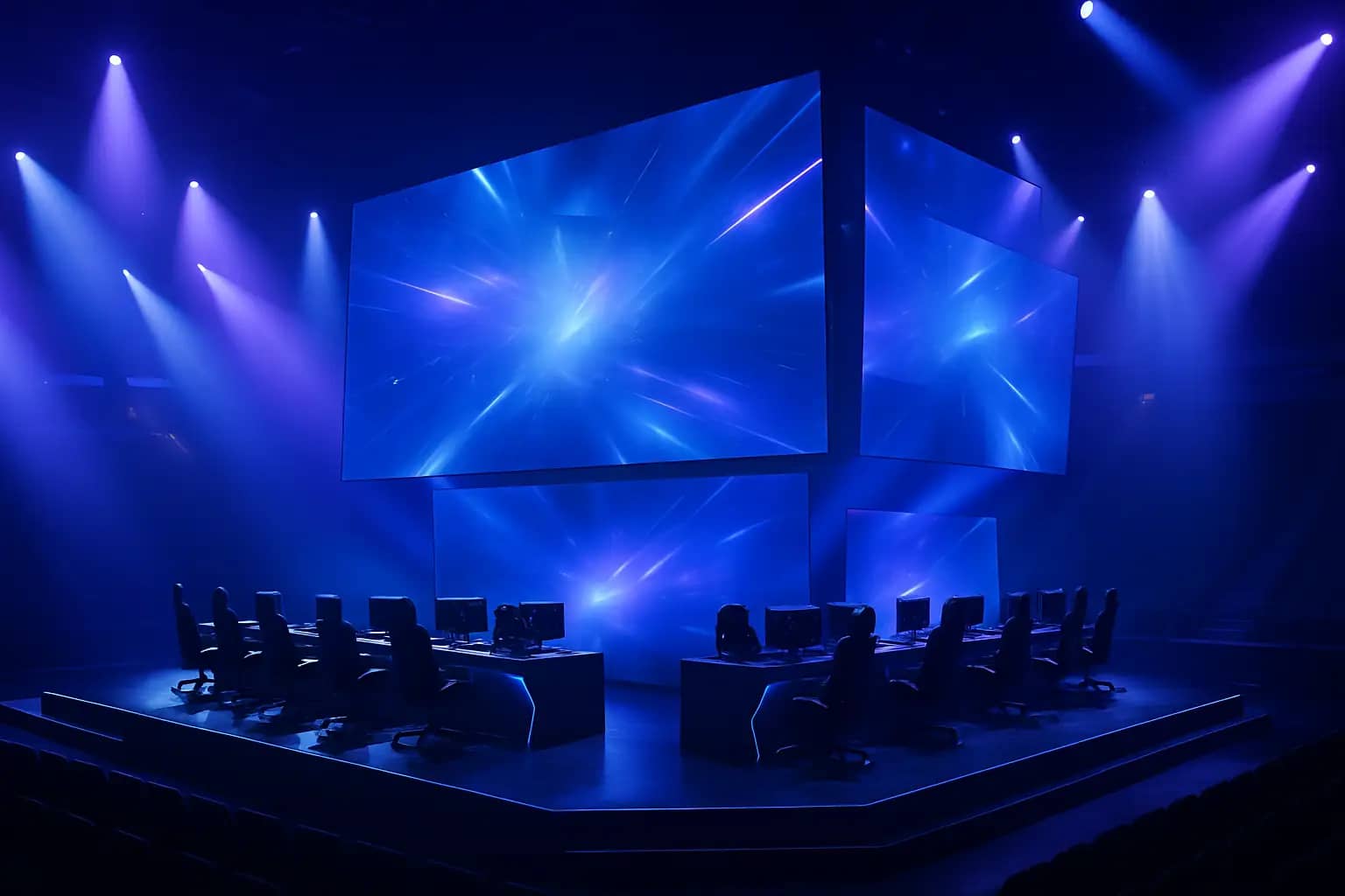 An esports arena with glowing screens and a competitive gaming stage setup
