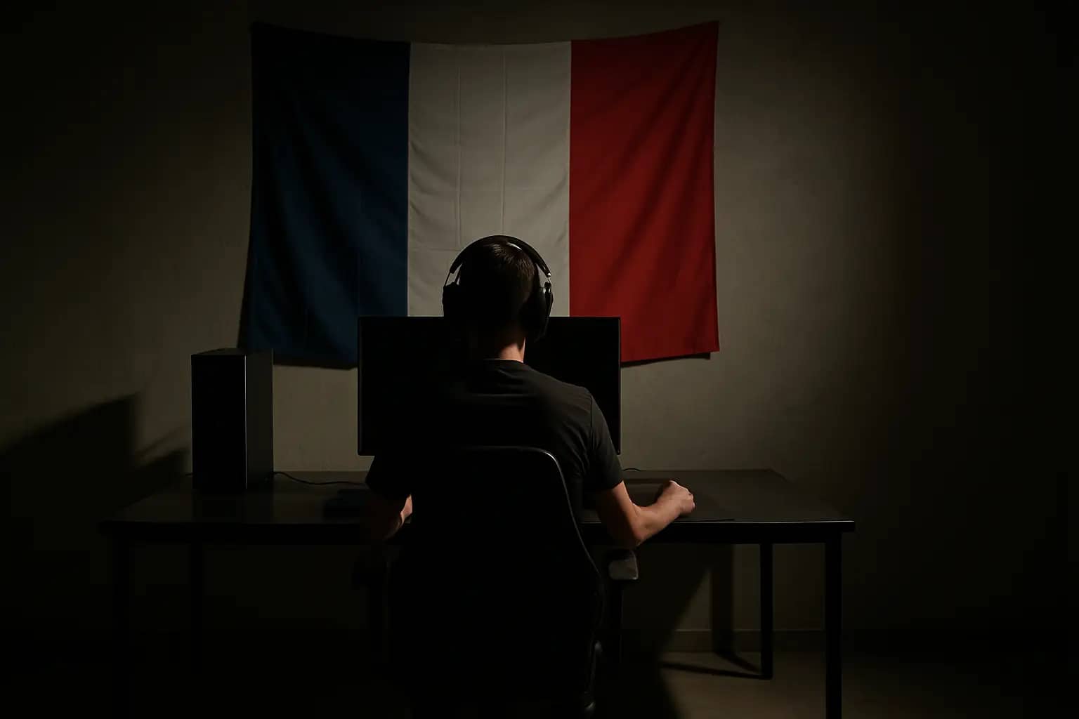 A competitive esports player sits at a darkened gaming station, head bowed, with a Ukrainian flag in the blurred background
